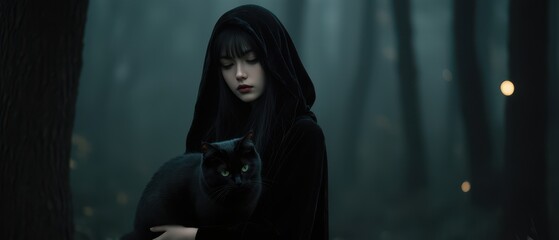 beautiful girl in a black cloak with a black cat in a dark forest