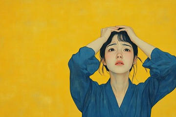 Woman in Blue Against Yellow Background Appears Worried