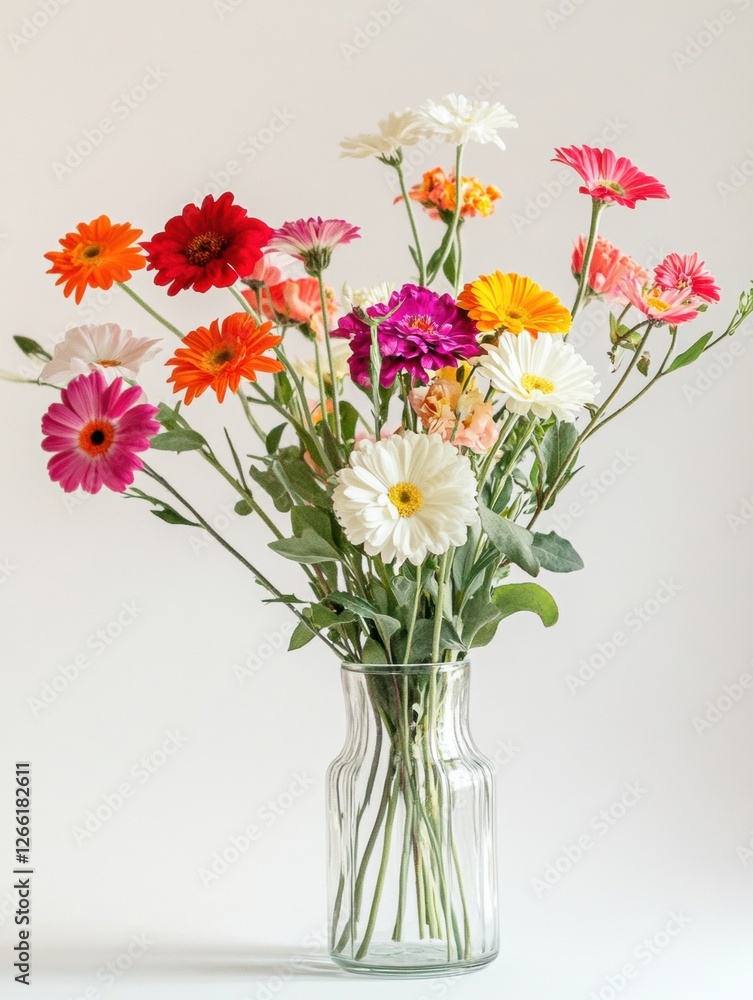 Aufkleber Colorful bouquet of gerbera daisies arranged in a glass vase for display in a bright indoor setting during daylight hours. Generative AI