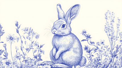 Blue Toile de Jouy Illustration Featuring a Cute Rabbit