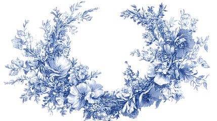 Elegant Blue Floral Wreath in Toile de Jouy Style