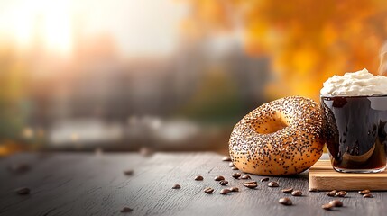 Cozy autumn scene featuring a steaming coffee cup and a poppy seed bagel on a wooden table