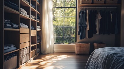 sunlit walkin closet with organized clothing and storage