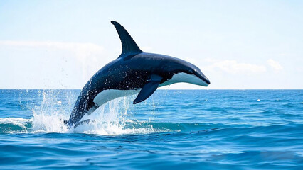 Fototapeta premium orca leaping from the water, with a clear blue sea. It has a sleek, black and white body, and tall dorsal fin.