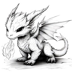 Cute baby dragon drawing, fantasy art, white background, coloring book page