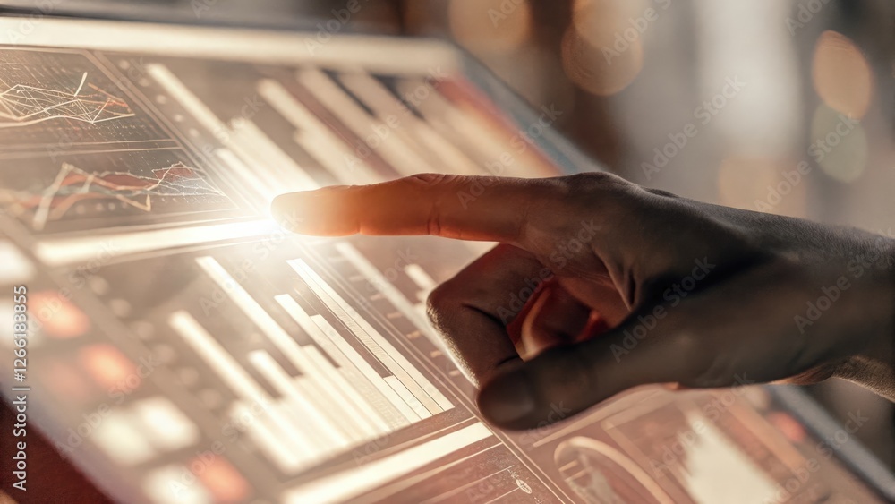 Aufkleber a close view of a hand swiping across a holographic screen with insightful analytics capturing the e