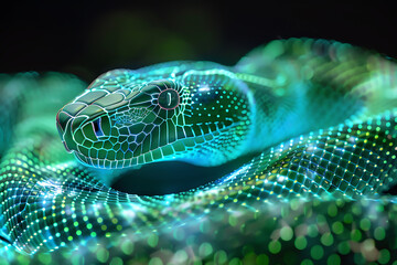 holographic snake projection, detailed neon green hologram snake, on a black background with projection mapping, styled like a movie scene