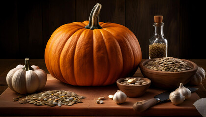 A large orange pumpkin, garlic bulbs, and bowls of pumpkin seeds on a wooden table. Generative AI