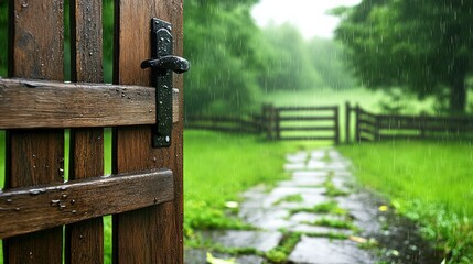 Wooden gate open to rain-swept countryside path