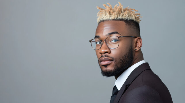 Stylish African American man with frosted blonde tips and glasses, exuding confidence