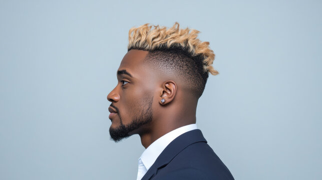 Stylish African American male with frosted blonde tips in profile view, wearing suit