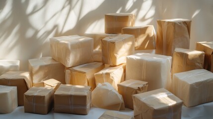 sunlit stack of cardboard packages