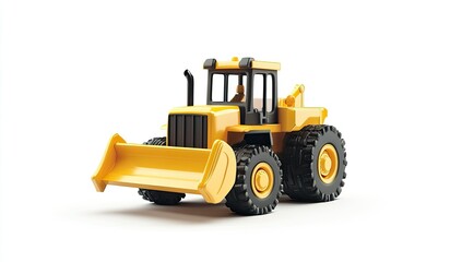Yellow bulldozer model with large tires and a blade