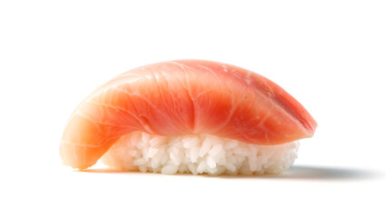 A single piece of fresh salmon sushi with white rice, isolated on a clean white background. Generative AI