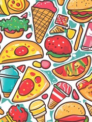 Playful food stickers featuring pizza slices, tacos, ice cream cones and burgers in a vibrant, colorful design for fun decor or crafts. Generative AI