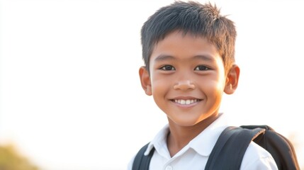 happy asian boy student with backpack