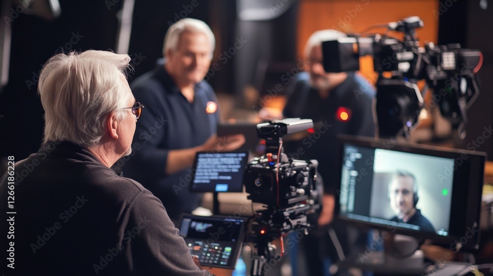 Poster a dynamic shot captures the tv host midsentence eyes fixed on the teleprompter as two crew members i
