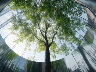 Tree growing through circular building skylight