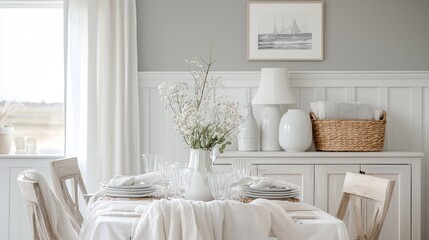 Elegant White Dining Room Table Setting with Flowers