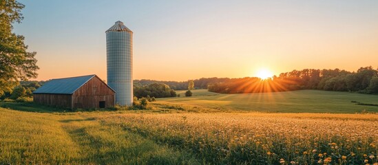 Fototapeta premium Serene sunrise over a rural farm with a barn and silo, surrounded by lush fields