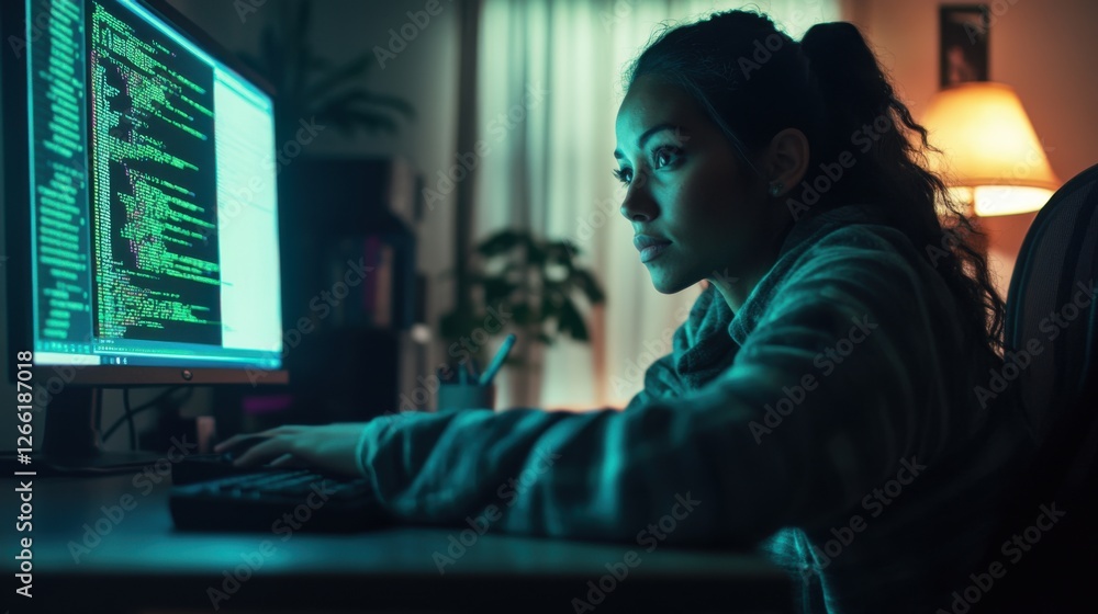 Poster woman programmer coding late at night