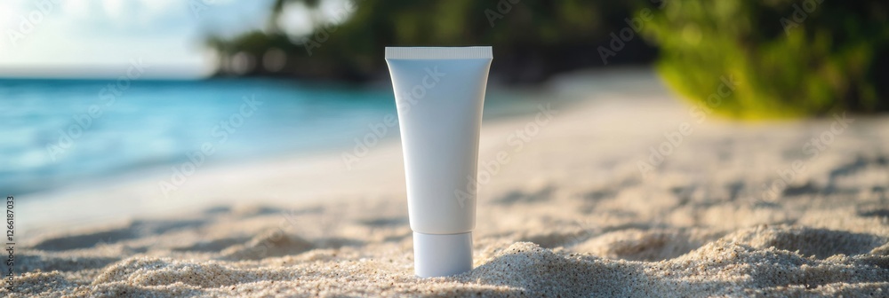 Poster cosmetics cream tube on sandy beach with gentle waves and lush greenery in the background at golden 