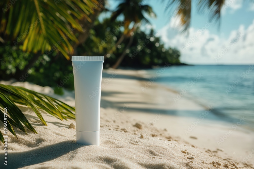 Poster cosmetics cream tube displayed on sandy beach with tropical setting and serene ocean background. gen