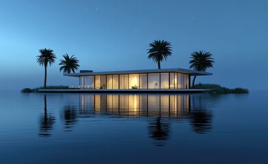 Fototapeta premium Modern Island House at Twilight Under Starry Sky
