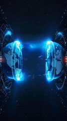 Obraz premium The Magical fantasy portal technology concept of a blue half earth globe inside glowing blue high-tech portal made of glowing blue circuits each other are connect