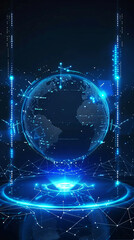 Obraz premium The Magical fantasy portal technology concept of a blue earth globe floats above the glowing blue high-tech portal made of glowing blue circuits, polygonal, holographic concept