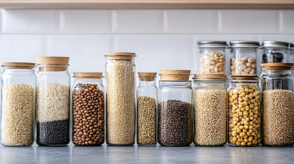 Glass jars filled with grains and legumes on table at kitchen.