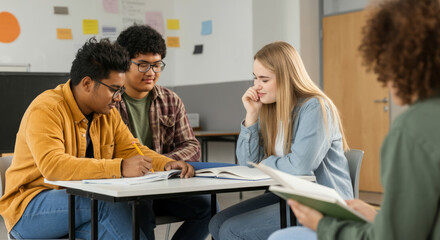 Fototapeta premium A group of students are sitting around a table, some of them writing