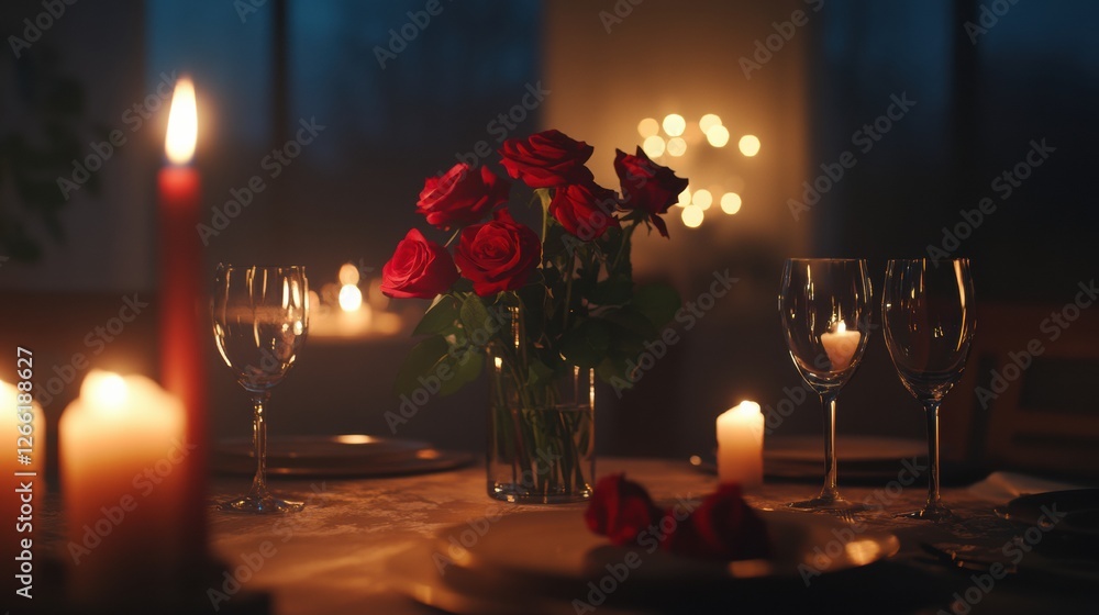 Poster Romantic candlelight dinner with red roses and soft lighting creating an intimate atmosphere. Generative AI