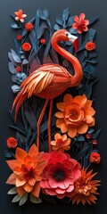 Flamingo Amidst Paper Flowers and Foliage