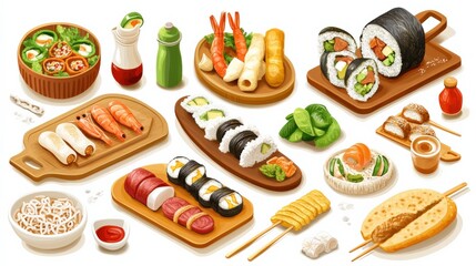 A vibrant assortment of sushi, sashimi, and side dishes beautifully arranged on wooden platters
