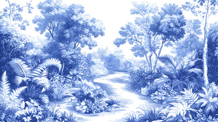 Intricate Blue Toile de Jouy Artwork of a Serene Forest River