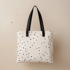 White Tote Bag with Scattered Black and Beige Hearts