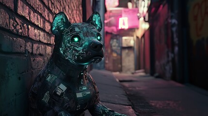 A digital rendering of a bioluminescent canine figure, seemingly composed of glowing particles, sits against a brick wall in a dimly lit urban alleyway Neon signs and graffiti are visible in the