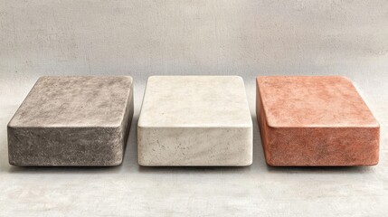 Three neutral colored rectangular pedestals on a light gray concrete floor