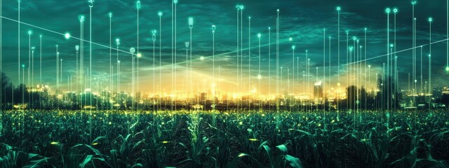 Smart Agriculture IoT in Cornfield Cityscape Background