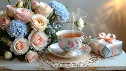 Fototapeta premium flowers, a cup of tea, and a small gift