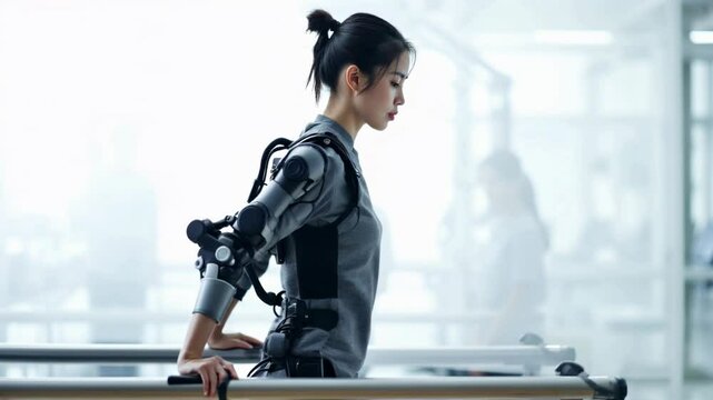 Young Asian patient wearing assistive robotic exoskeleton suit with prosthetic arms walking in rehabilitation clinic using parallel bars, medical professionals assisting. Rehabilitation post injury