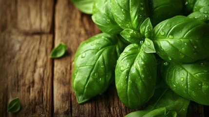 Fototapeta premium A close-up of fresh basil leaves with water droplets on wooden surface.