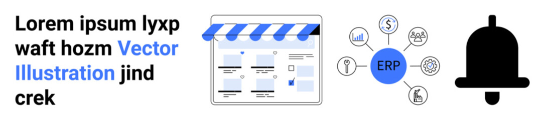E-commerce storefront with blue and white awning, ERP system icons connected to main hub, and notification bell icon. Ideal for e-commerce, ERP, notifications, business management, online stores