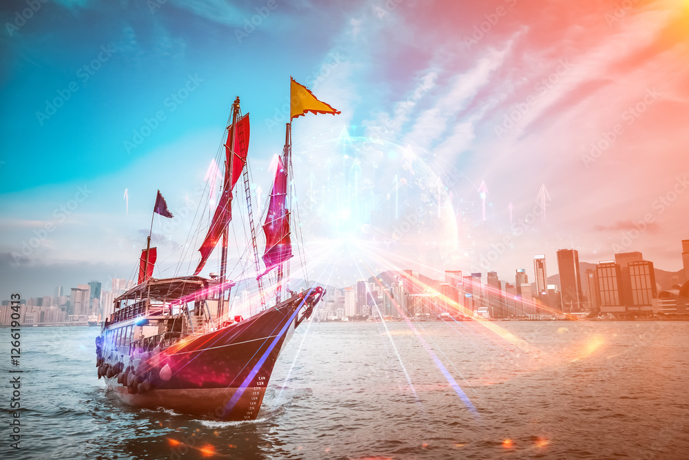 Aufkleber hong kong skyline with a traditional junk boat sailing. double exposure concept evokes a sense of gr