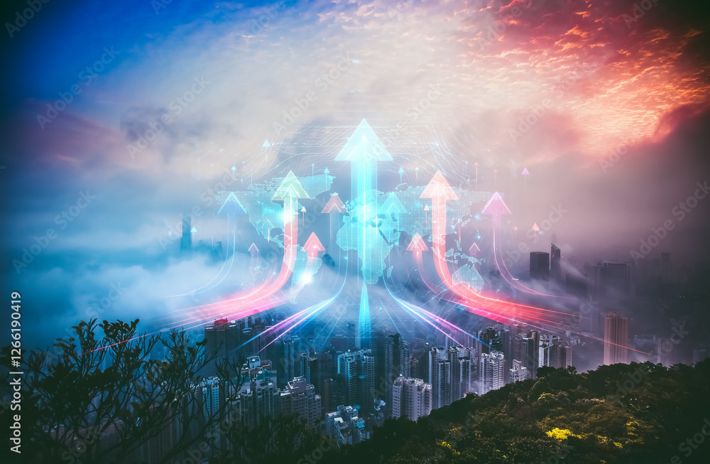 Poster Double exposure concept of Hong Kong cityscape with glowing arrows growing up into the sky, symbolizing progress and development.