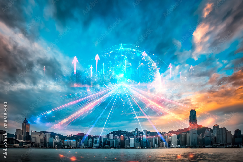 Poster hong kong skyline double exposure concept image. growing urban cityscape pointing up with bright lig