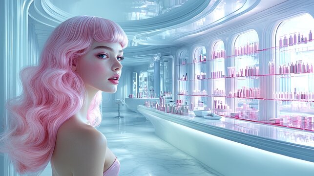 Pink haired model in a futuristic beauty salon