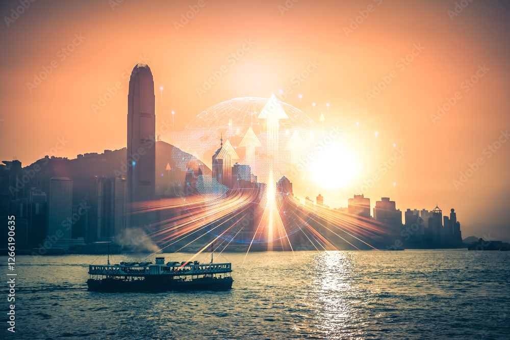 Poster Hong Kong cityscape with double exposure effect shows arrows growing up. Concept of urban progress and future development against vibrant sunset sky.