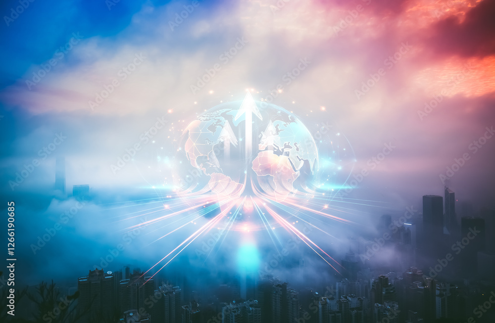 Poster hong kong cityscape with a double exposure effect shows a glowing globe and upward arrows, symbolizi